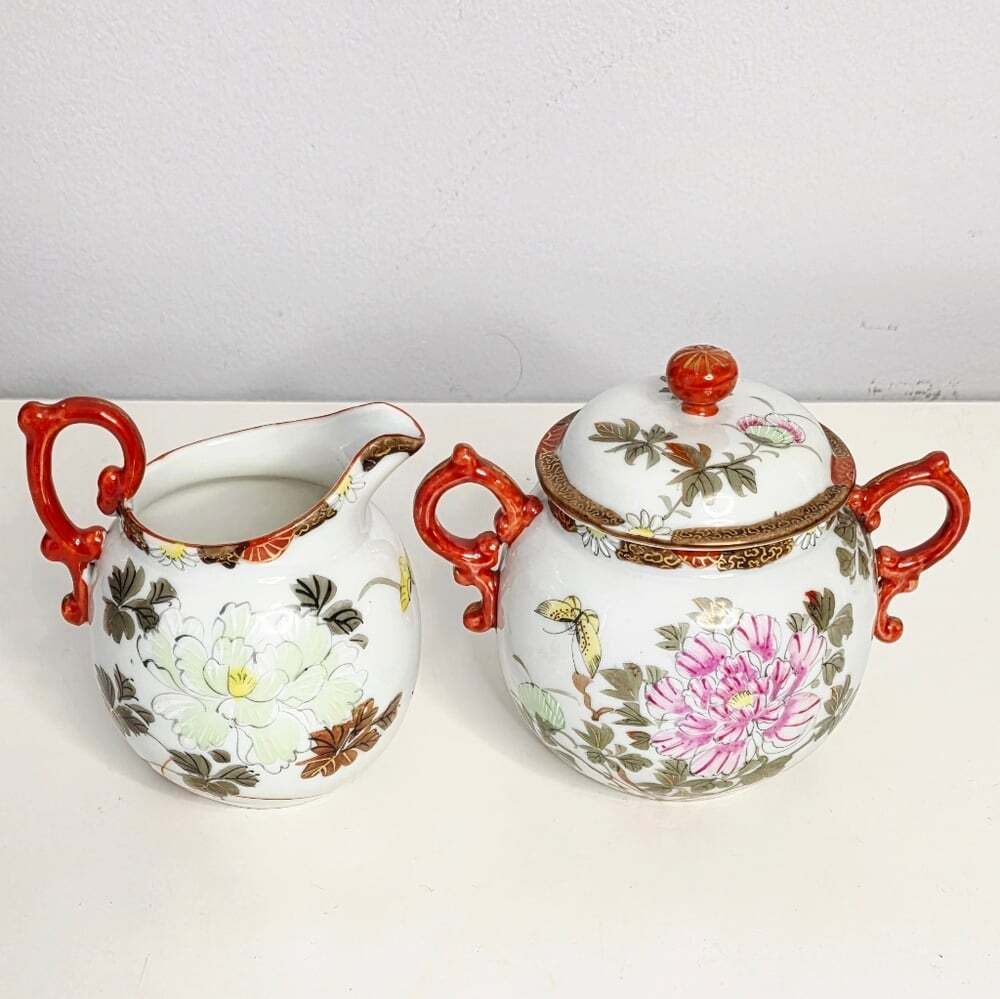Antique Japanese Kutani Porcelain Floral Sugar and Creamer Set with Red Handles